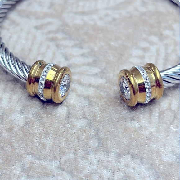 Gold & Silver Two-Tone Twisted Cable Cuff Bangle Bracelet Crystal Rhinestone - Picture 5 of 12